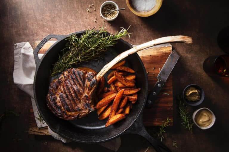 Tomahawk steak in a cast iron pan