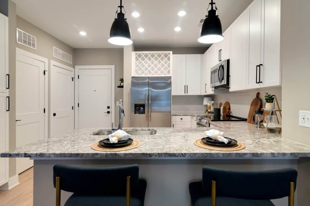 Breakfast bar seating in apartment kitchens at Margaux Midtown