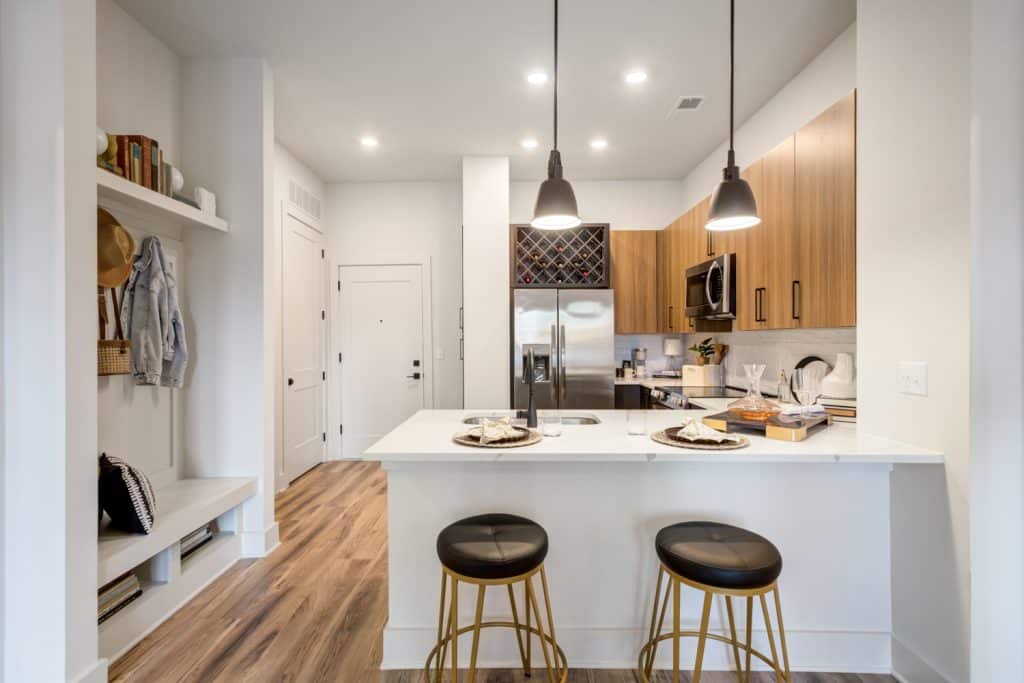 Breakfast bar in apartment kitchen at Margaux Midtown