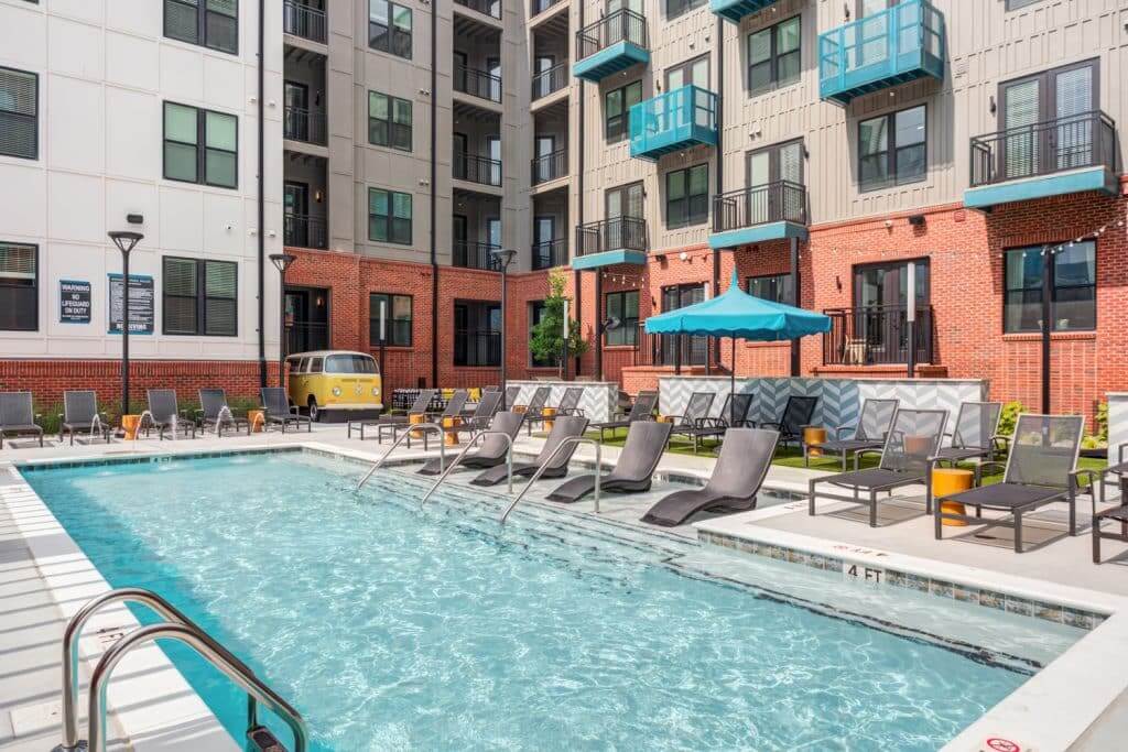 Shelf seating in community pool at Margaux Midtown